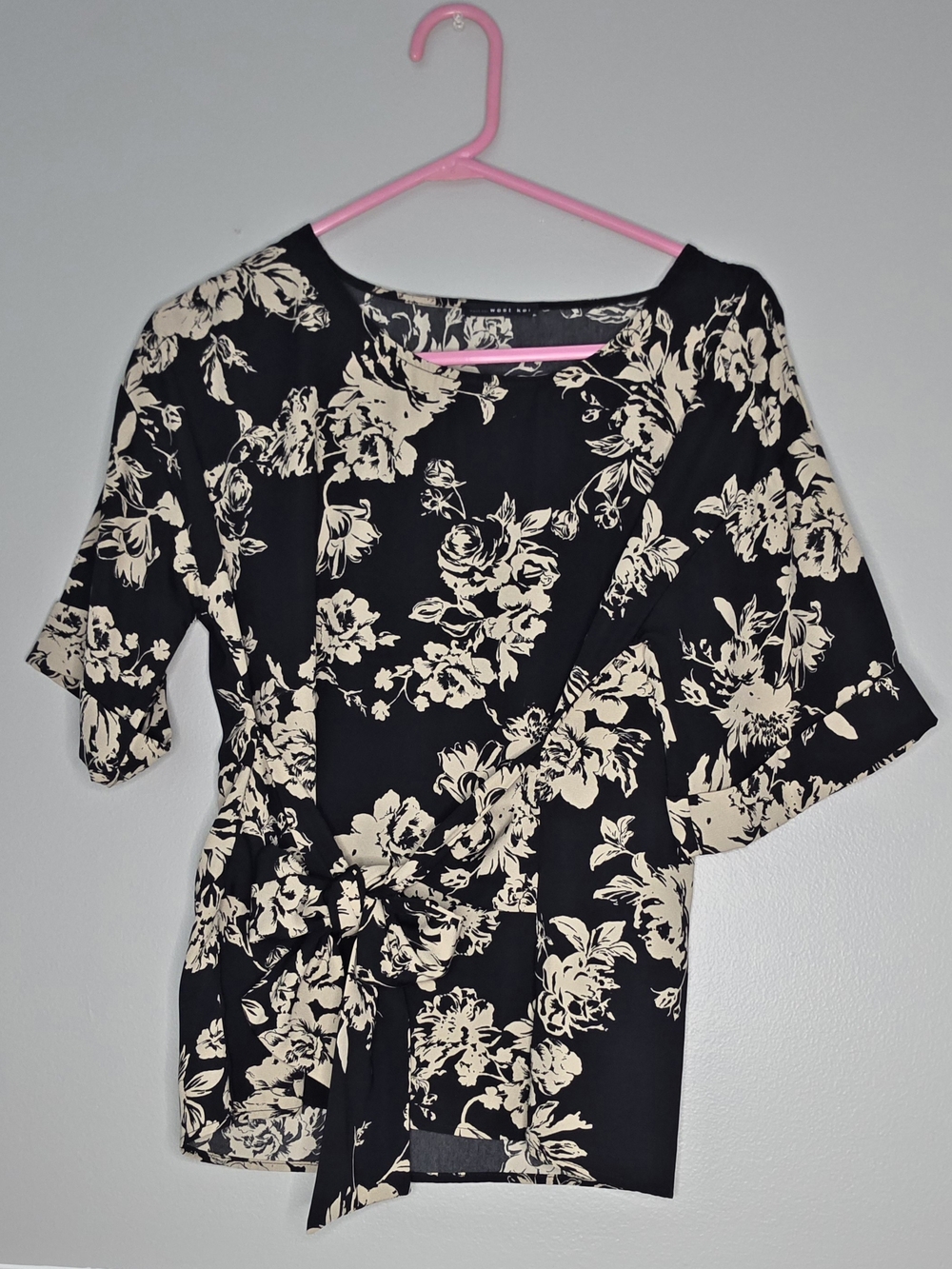 Tie-Waist Floral Blouse in Black and Cream